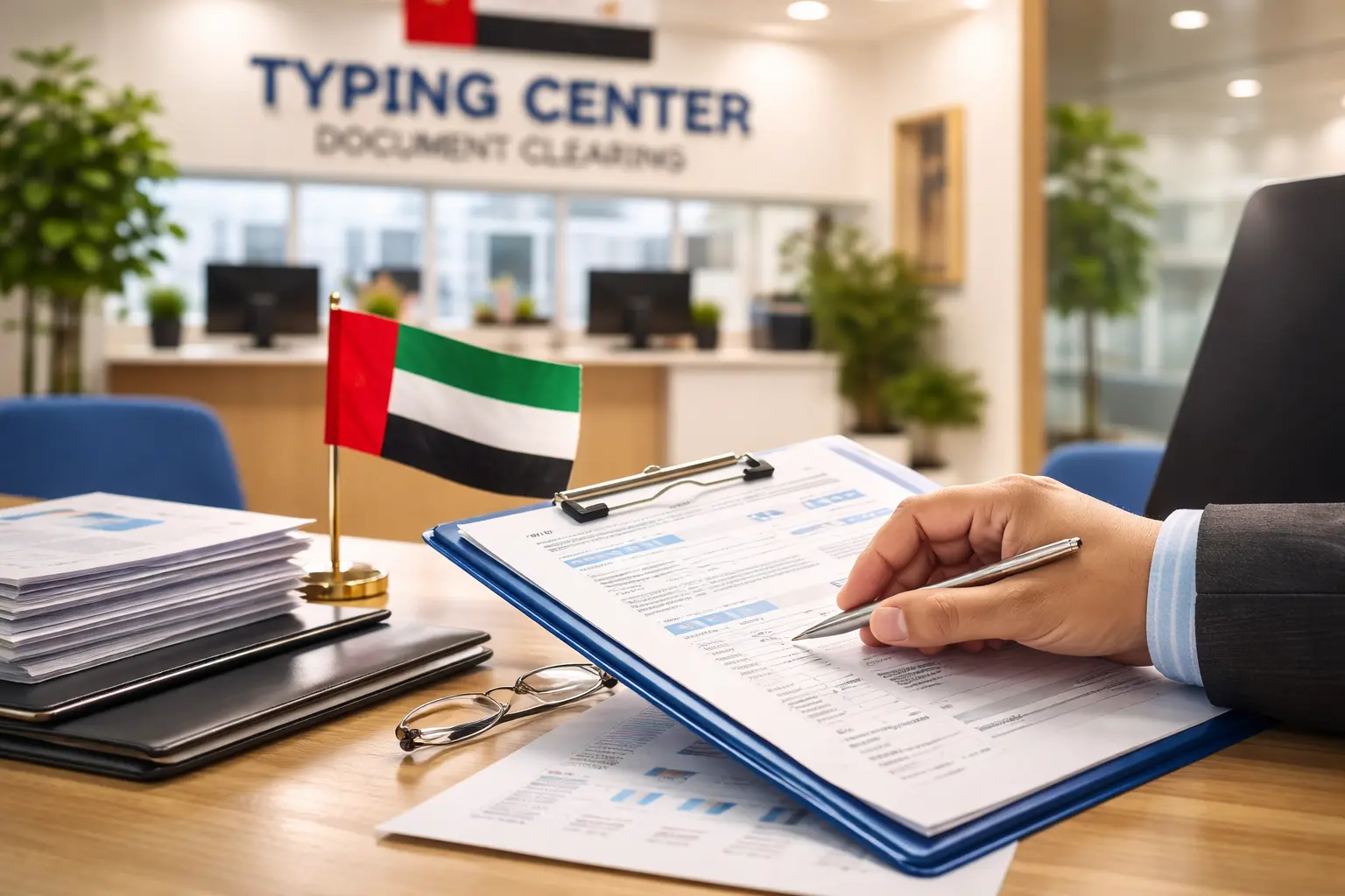 Professional typing center desk with documents and UAE flag